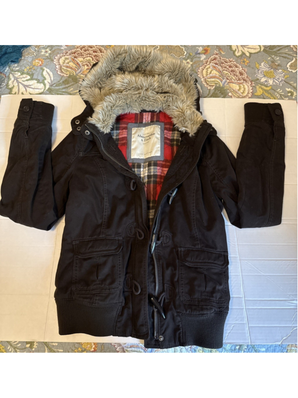 Vintage Y2K Abercrombie & Fitch Women’s Faux Fur Lined Hood Bomber Jacket Large - Picture 2 of 7